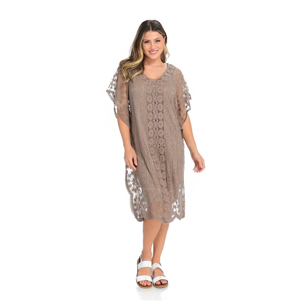 Women’s Indigo Thread Co. Brown Crochet Caftan Dress w/ Stretch Knit‎ Slip